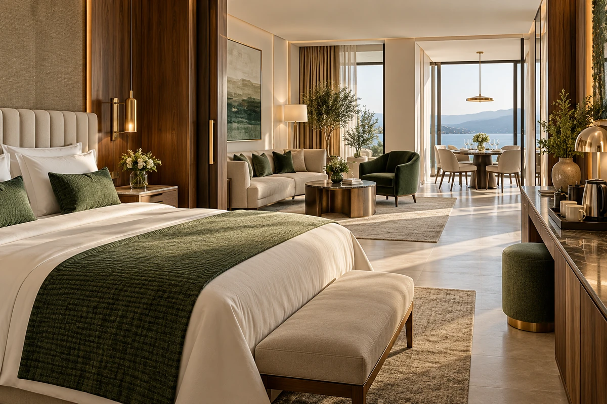 OTELSAN otel ekipmanları yaklaşımını temsil eden oda, dinlenme ve yemek alanı konsepti