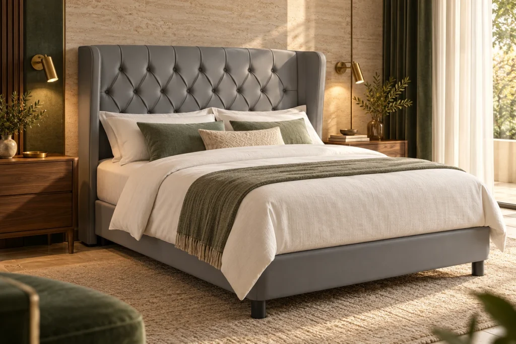 Hotel bed headboard collection – hotel room with grey quilted headboard.