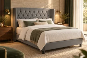 Otel yatak başlığı koleksiyonu – gri kapitone başlıklı otel odası